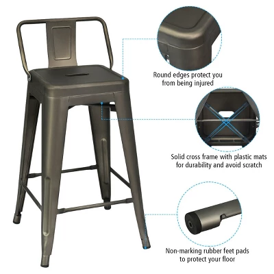 Costway Set Of 4 Low Back Metal Counter Stool 24'' Seat Height Industrial Bar Stools GunBlack - Image 6