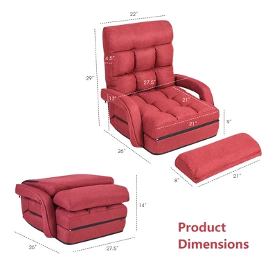 Costway Folding Floor Single Sofa Massage Recliner Chair W/ A Pillow 5 Adjustable Backrest Position Leisure Lounge Couch BlueRedWhite - Image 2