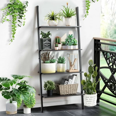 Costway Industrial Ladder Shelf 4-Tier Leaning Wall Bookcase Plant Stand Rustic Black/Brown - Image 3