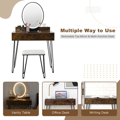 Costway Industrial Vanity Makeup Dressing Table Padded Stool Set 3-Color Lighted Mirror - Image 6