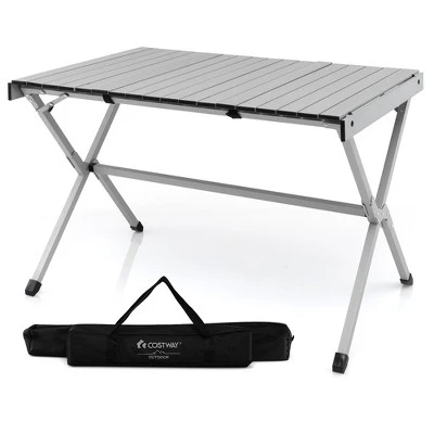Costway 4-6 Person Portable Aluminum Camping Table Lightweight Roll Up Table Grey/Brown - Image 11