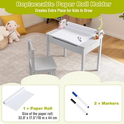 Costway Toddler Craft Table & Chair Set Kids Art Crafts Table WithPaper Roll Holder Grey/White - Image 5