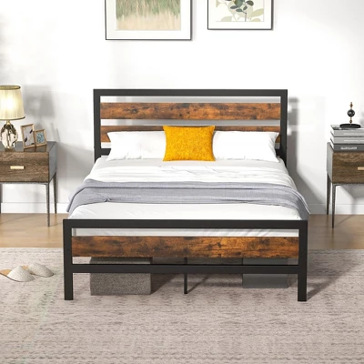 Costway Full/Queen Industrial Metal Platform Bed Frame Rustic Headboard Mattress Foundation
