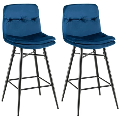Costway Set Of 2 Velvet Bar Stools Bar Height Kitchen Dining Chairs With Metal Legs Blue/Grey - Image 9