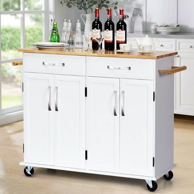 Costway Kitchen Trolley Island Utility Cart Wood Top Rolling Storage Cabinet Drawers White - Image 4