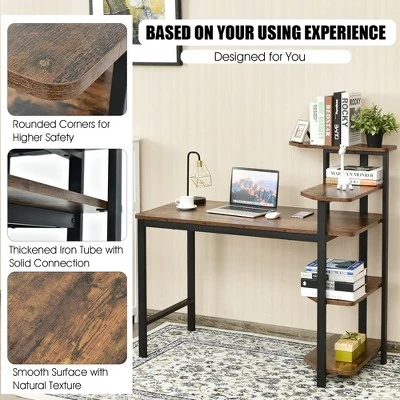 Costway Computer Desk Writing Study Table With Storage Shelves Home Office Rustic Brown - Image 7