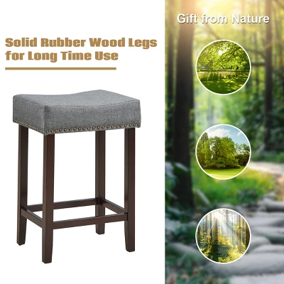 Costway Set Of 2 Nailhead Saddle Bar Stools 24'' Height W/ Fabric Seat & Wood Legs BeigeGray - Image 5