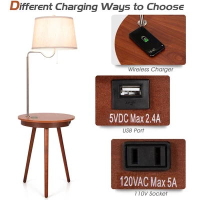 Costway End Table Lamp Bedside Nightstand Lighting With Wireless Charger NaturalCoffee - Image 5