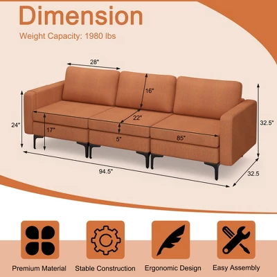 Costway Modular 3-Seat Sofa Couch W/ Socket USB Ports & Side Storage Pocket OrangeDark Grey - Image 3