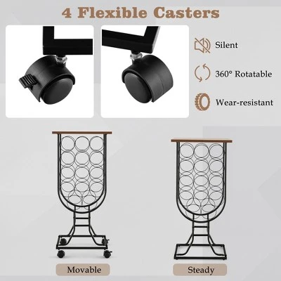 Costway 14 Bottles Wine Rack Console Table Freestanding Wine Storage With Woodtop & Wheels - Image 7