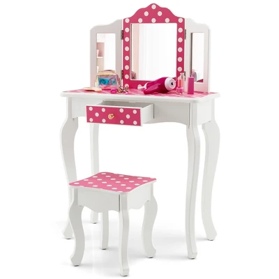 Costway Kid Vanity Set Wooden Makeup Table Stool Tri-Folding Mirror Polka Dot Print Pink - Image 9