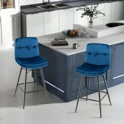 Costway Set Of 2 Velvet Bar Stools Bar Height Kitchen Dining Chairs With Metal Legs Blue/Grey