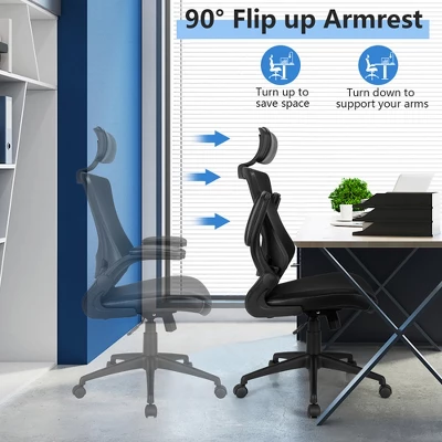 Costway Mesh Back Adjustable Swivel Office Chair W/ Flip Up Arms Leather Seat - Image 5