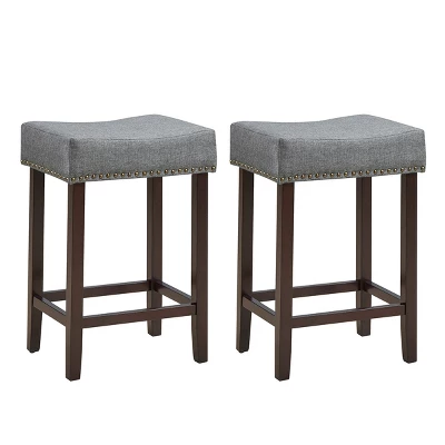 Costway Set Of 2 Nailhead Saddle Bar Stools 24'' Height W/ Fabric Seat & Wood Legs BeigeGray - Image 8