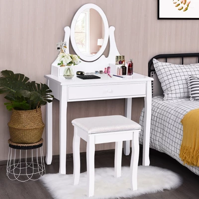 Costway Wooden Vanity Makeup Dressing Table Stool Set Bathroom White - Image 2