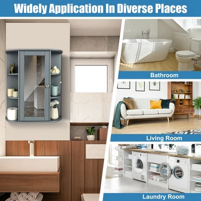 Costway Bathroom Cabinet Medicine Cabinet Single Door Shelves Wall Mount Cabinet W/ Mirror Gray - Image 4