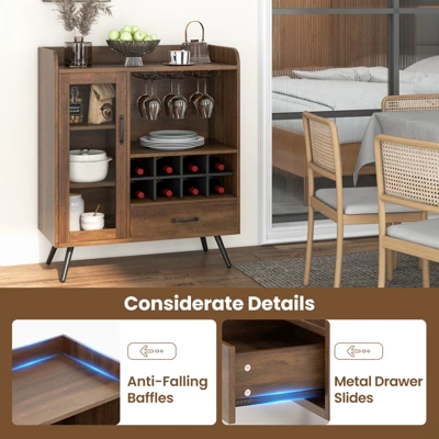 Costway Kitchen Storage Cabinet Sideboard With 3-Row Wineglass Holder Removable Rack Tempered Glass Door & Anti-Tipping Kits - Image 6