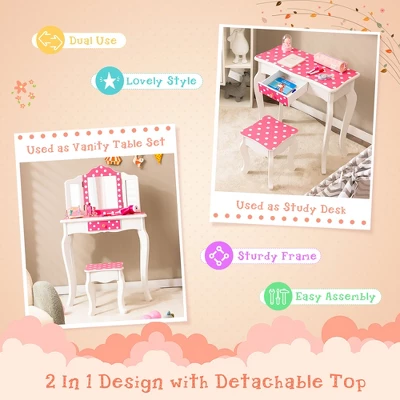 Costway Kid Vanity Set Wooden Makeup Table Stool Tri-Folding Mirror Polka Dot Print Pink - Image 4