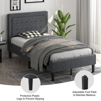 Costway Twin Size Upholstered Bed Frame Button Tufted Headboard Mattress Foundation Grey - Image 4