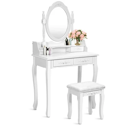 Costway Vanity Wood Makeup Dressing Table Stool 4 Drawers Black/White - Image 7