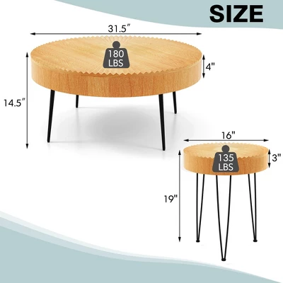 Costway Farmhouse Round Coffee Table Set Of 2 End Table Natural Finish For Living Room - Image 2