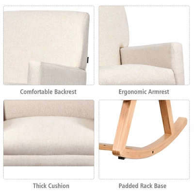 Costway Mid Century Fabric Rocking Chair Upholstered Accent Armchair Lounge Chair Beige/Gray - Image 9