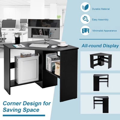 Costway Corner Computer Desk Triangle Writing Workstation W/ Storage Shelf WhiteBlack - Image 5