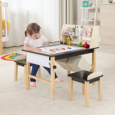 Costway Kids Art Table & Chairs Set Wooden Drawing Desk With Paper Roll Storage Shelf Bins - Image 3
