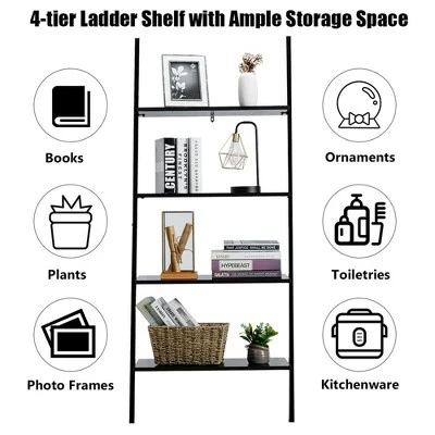 Costway Industrial Ladder Shelf 4-Tier Leaning Wall Bookcase Plant Stand Rustic Black/Brown - Image 7