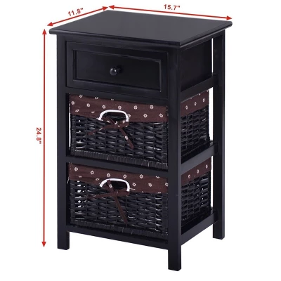 Costway Set OF 2 Night Stand 3 Tier 1 Drawer Bedside End Table Organizer Wood W/2 Basket - Image 2