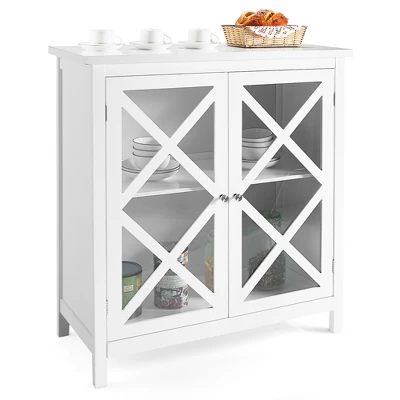Costway Kitchen Buffet Sideboard Storage Cabinet W/Glass Doors & Adjustable Shelf WhiteBrown - Image 11