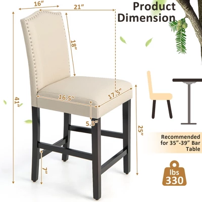 Costway Set Of 4 Upholstered Bar Stools 25'' Bar Height Chairs With Rubber Wood Legs Grey/Beige - Image 4