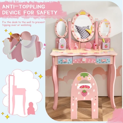 Costway Kids Vanity Princess Makeup Dressing Table Chair Set W/ Tri-fold Mirror Pink - Image 6