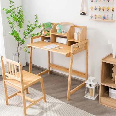 Costway Bamboo Kids Study Desk And Chair Set Height Adjustable Home School W/ Bookshelf - Image 2