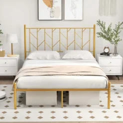 Costway Full/Queen/Twin Size Metal Platform Bed Frame Vintage Headboard Mattress Foundation Gold