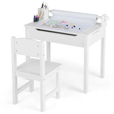 Costway Toddler Craft Table & Chair Set Kids Art Crafts Table WithPaper Roll Holder Grey/White - Image 11