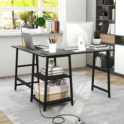 Costway L Shaped Corner Computer Desk Study Table W/Storage Shelves Black/Rustic Brown - Image 4