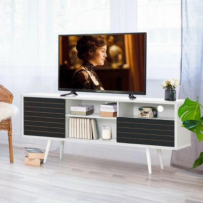 Costway Modern TV Stand/Console Cabinet 3 Shelves Storage Drawer Splayed Leg Black/White - Image 2