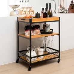 Costway 3-Tier Wine Bar Cart Rolling Rack Serving Trolley Detachable Top & Glass Holder