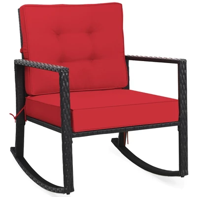 Costway Patio Rattan Rocker Chair Outdoor Glider Wicker Rocking Chair Cushion Lawn Red - Image 2