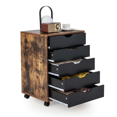 Costway 5 Drawer Chest Storage Dresser Floor Cabinet Organizer With Wheels Rustic Brown - Image 9