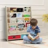 Costway Kids Book Rack Toys Organizer With 4 Sling Bookshelf & 2 Boxes EspressoBeige