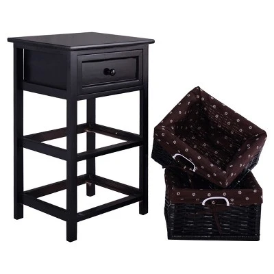 Costway Set OF 2 Night Stand 3 Tier 1 Drawer Bedside End Table Organizer Wood W/2 Basket - Image 5