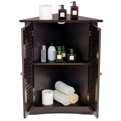 Corner Storage Cabinet Freestanding Floor Cabinet Bathroom W/ Shutter Door GreyBrown - Image 9