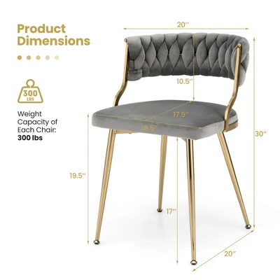 Costway Velvet Dining Chair Set Of 2 Upholstered Modern Accent Chair With Woven Back Grey/White - Image 3