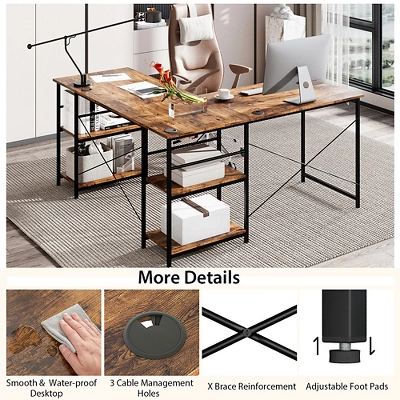 Costway 95'' Convertible L-shaped Corner Computer Desk 2-Person Long Desk Shelves Rustic/Black/Grey/Natural - Image 8