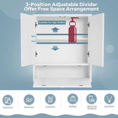 Costway Bathroom Cabinet Medicine Cabinet Double Mirror Door Wall Mount Storage Wood Shelf White - Image 4