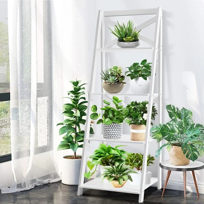 Costway Set Of 2 Ladder Shelf 4-Tier Bookshelf Bookcase Storage Display Plant Leaning - Image 3