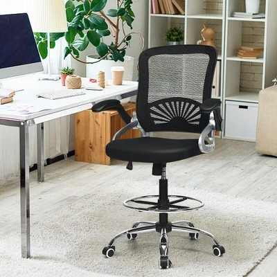 Costway Mesh Drafting Chair Mid Back Office Chair Adjustable Height Flip-Up Arm Black - Image 4