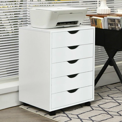 Costway 5 Drawer Dresser Storage Cabinet Chest W/Wheels For Home Office White